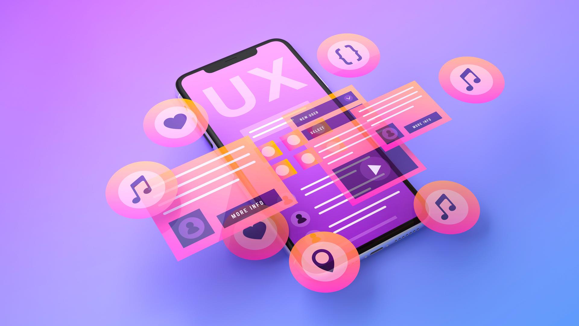 User Experience in Focus: Smartphone with UX Design Elements Floating Above the Screen. 3D Rendering.